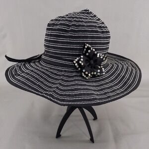Scala Collezione Sun Hat Black White Striped Sequin Bow Wide Brim Womens